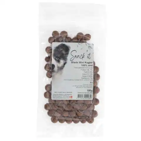 Bløde singleprotein hundegodbidder med and fra Snack'it, mini kugler på ca. 1 cm