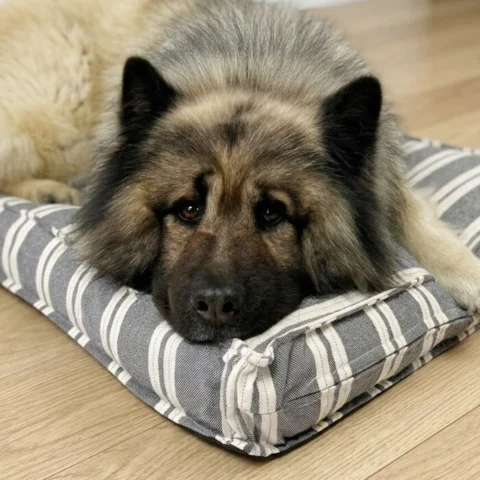 Eurasier hviler på blød og stribet hundemadras