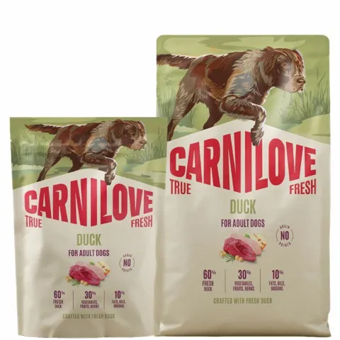 Carnilove True Fresh Duck Adult er et kornfrit hundefoder med 60 % frisk and, udviklet til voksne hunde af alle racer