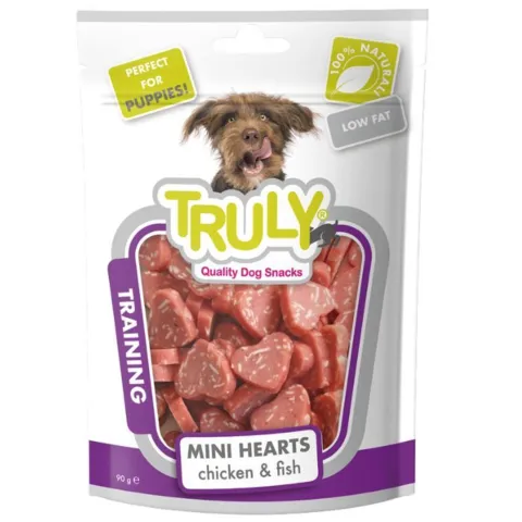 Truly Mini Hearts Chicken & Fish træningsgodbidder til hunde – små, bløde hjerteformede godbidder med kylling og fisk, perfekte til hvalpe og træning