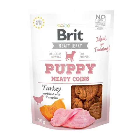 Brit Meaty Jerky Puppy Meaty Coins Turkey er lækre hvalpegodbidder med kalkun og græskar – perfekte som bløde træningssnacks til hvalpe