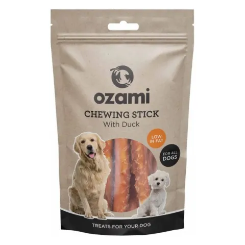 Tyggesnacks til hunde med and og råhud