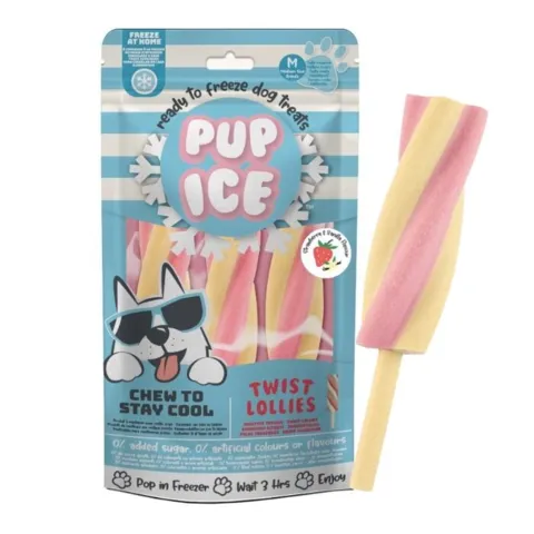 Pup Ice Twister is til hunde med jordbær- og vaniljesmag – frysbare godbidder i ispindeform, 3 stk. pakke