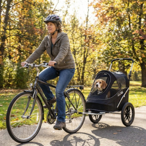 InnoPet Sporty EVR | Hundeklapvogn i brug på skovsti. Den rummelige kabine og de store terrænhjul sikrer en stabil og komfortabel kørsel