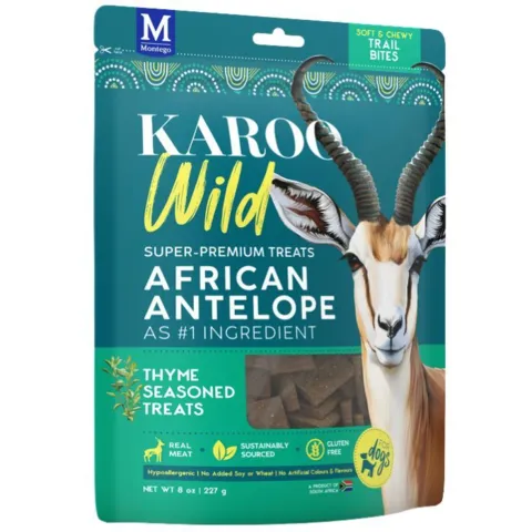 KAROO Wild - Trail Bites Timian 227g er kornfrie, super premium hundegodbidder med antilopekød som hovedingrediens. De proteinrige og fedtfattige snacks er baseret på magert kød og tilsat timian, helt uden kunstige farve- eller smagstoffer.