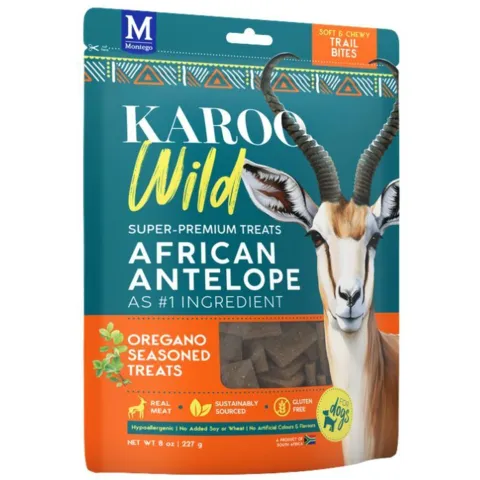 KAROO Wild - Trail Bites Oregano 227g er kornfrie hundegodbidder i super premium kvalitet med antilopekød og oregano. En proteinrig og fedtfattig snack baseret på magert kød, uden kunstige farve- eller smagstoffer.