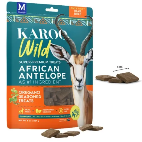 Super premium hundesnack med kornfri opskrift og antilopekød som primær proteinkilde. KAROO Wild - Trail Bites Oregano 227g kombinerer højt proteinindhold, magert kød og naturlige krydderurter – helt uden kunstige tilsætningsstoffer.