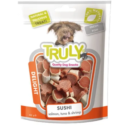 Truly Sushi Salmon Tuna & Shrimp hundegodbidder i små sushi-formede bidder