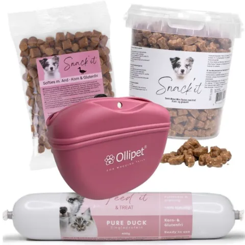 Pakketilbud | Favorit Træningsgodbidder And med bløde godbidder og Ollipet godbidstaske til hundetræning