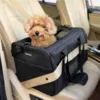 Lille hund i transporttaske fastspændt på bilsæde – komfortabel hundetransport til bilrejser